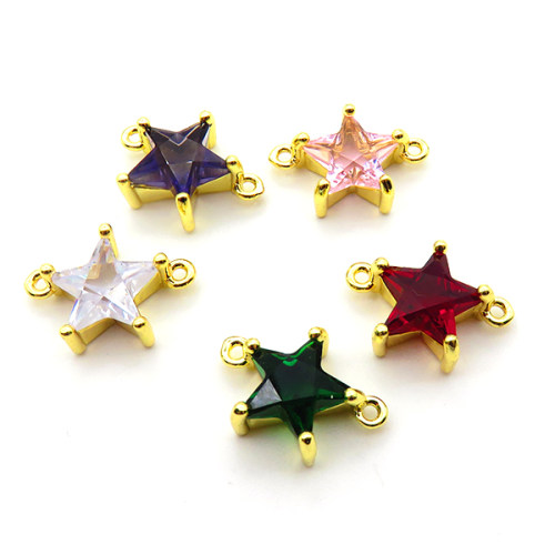 Cubic Zirconia,Brass Links Connectors,Pentagram,Plating Gold,Mixed Color,12mm,Hole:2mm,about 1.4g/pc,5 pcs/package,XFL02123vaia-L017