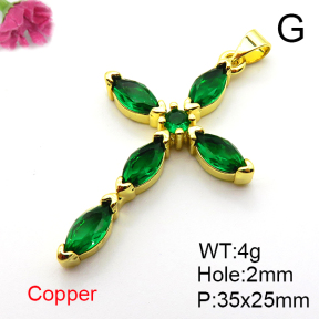 Cubic Zirconia,Brass Pendants,Cross,Plating Gold,Mixed Color,35x25mm,Hole:2mm,about 4g/pc,5 pcs/package,XFPC04334ablb-L017