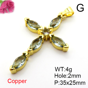 Cubic Zirconia,Brass Pendants,Cross,Plating Gold,Mixed Color,35x25mm,Hole:2mm,about 4g/pc,5 pcs/package,XFPC04334ablb-L017