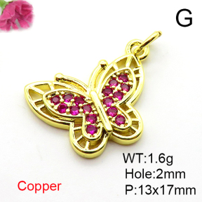 Micro Pave Cubic Zirconia,Brass Pendants,Butterfly,Plating Gold,Mixed Color,13x17mm,Hole:2mm,about 1.6g/pc,5 pcs/package,XFPC04342vail-L017