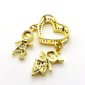 Micro Pave Cubic Zirconia,Brass Pendants,Hollow Heart,Girl and Boy,Plating Gold,13x16mm,Hole:2mm,about 3g/pc,5 pcs/package,XFPC04360ablb-L017