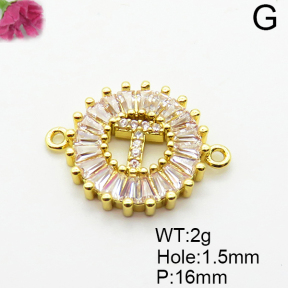 Micro Pave Cubic Zirconia,Brass Links Connectors,Round,Letter T,Plated Gold,16mm,Hole:1.5mm,about 2g/pc,5 pcs/package,XFL02145vail-L035