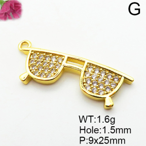 Micro Pave Cubic Zirconia,Brass Links Connectors,Glasses,Plated Gold,9x25mm,Hole:1.5mm,about 1.6g/pc,5 pcs/package,XFL02151vaia-L035