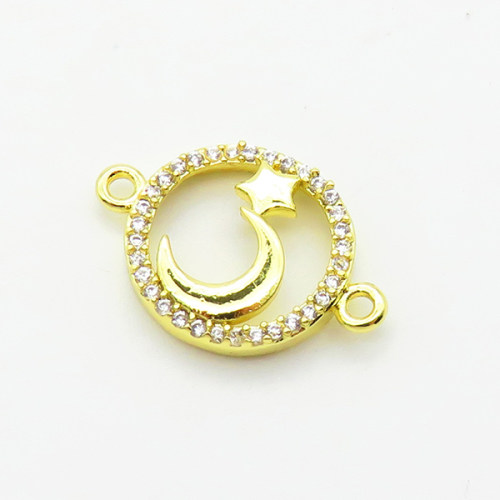 Micro Pave Cubic Zirconia,Brass Links Connectors,Round,Moon,Stars,Plated Gold,13mm,Hole:1.5mm,about 0.8g/pc,5 pcs/package,XFL02154vaia-L035