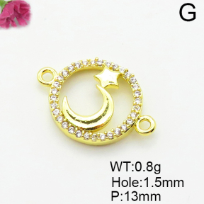 Micro Pave Cubic Zirconia,Brass Links Connectors,Round,Moon,Stars,Plated Gold,13mm,Hole:1.5mm,about 0.8g/pc,5 pcs/package,XFL02154vaia-L035