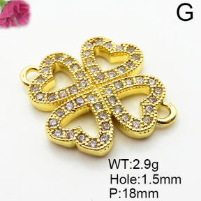 Micro Pave Cubic Zirconia,Brass Links Connectors,Four-Leaf Clover,Plated Gold,18mm,Hole:1.5mm,about 2.9g/pc,5 pcs/package,XFL02172vail-L035