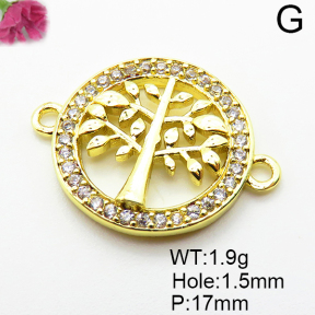 Micro Pave Cubic Zirconia,Brass Links Connectors,Round,Tree of Life,Plated Gold,17mm,Hole:1.5mm,about 1.9g/pc,5 pcs/package,XFL02175aaho-L035