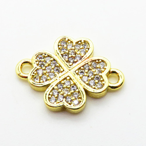 Micro Pave Cubic Zirconia,Brass Links Connectors,Four-Leaf Clover,Plated Gold,12mm,Hole:1.5mm,about 1.2g/pc,5 pcs/package,XFL02178vaia-L035