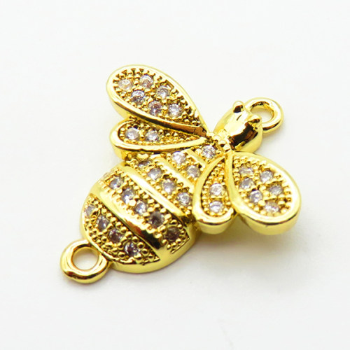 Micro Pave Cubic Zirconia,Brass Links Connectors,Bee,Plated Gold,15x17mm,Hole:1.5mm,about 1.7g/pc,5 pcs/package,XFL02181aahm-L035