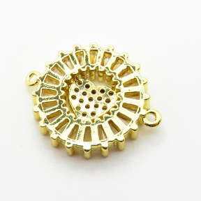 Micro Pave Cubic Zirconia,Brass Links Connectors,Round,Heart,Plated Gold,15mm,Hole:1.5mm,about 2.1g/pc,5 pcs/package,XFL02184aaio-L035