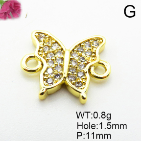 Micro Pave Cubic Zirconia,Brass Links Connectors,Butterfly,Plated Gold,11mm,Hole:1.5mm,about 0.8g/pc,5 pcs/package,XFL02196aahm-L035