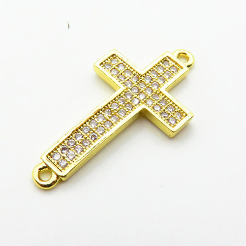 Micro Pave Cubic Zirconia,Brass Links Connectors,Cross,For Easter,Plated Gold,21x13mm,Hole:1.5mm,about 1.1g/pc,5 pcs/package,XFL02202aaho-L035