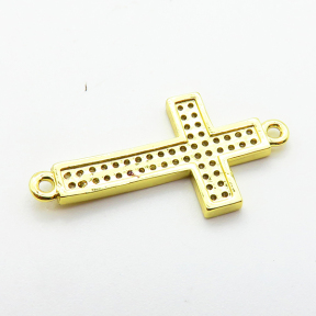 Micro Pave Cubic Zirconia,Brass Links Connectors,Cross,For Easter,Plated Gold,21x13mm,Hole:1.5mm,about 1.1g/pc,5 pcs/package,XFL02202aaho-L035