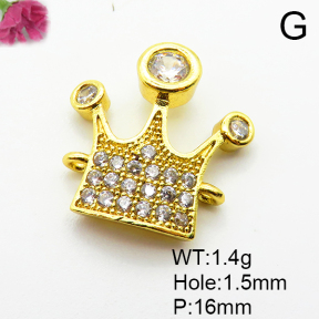 Micro Pave Cubic Zirconia,Brass Links Connectors,Crown,Plated Gold,16mm,Hole:1.5mm,about 1.4g/pc,5 pcs/package,XFL02205aaho-L035