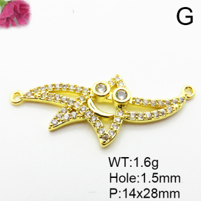 Micro Pave Cubic Zirconia,Brass Links Connectors,Starfish,Plated Gold,14x28mm,Hole:1.5mm,about 1.6g/pc,5 pcs/package,XFL02208aain-L035