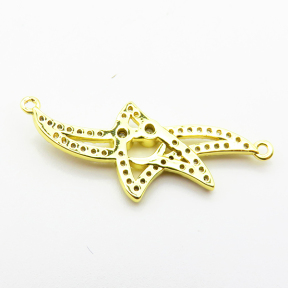 Micro Pave Cubic Zirconia,Brass Links Connectors,Starfish,Plated Gold,14x28mm,Hole:1.5mm,about 1.6g/pc,5 pcs/package,XFL02208aain-L035