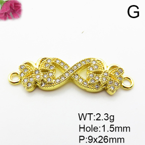 Micro Pave Cubic Zirconia,Brass Links Connectors,Butterfly & Infinity,Plated Gold,9x26mm,Hole:1.5mm,about 2.3g/pc,5 pcs/package,XFL02211aaim-L035