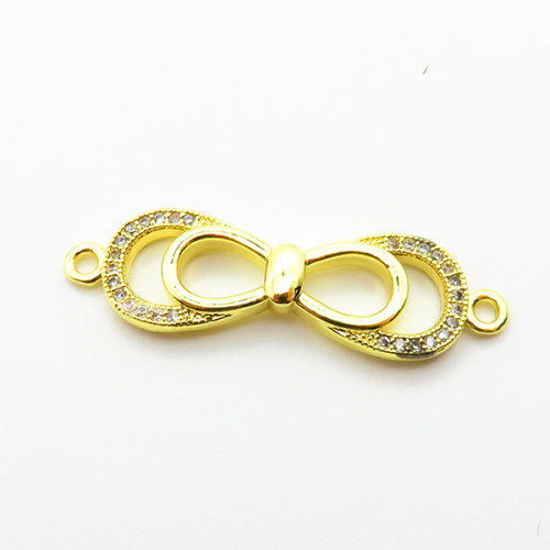 Micro Pave Cubic Zirconia,Brass Links Connectors,Bow Tie,Plated Gold,10x27mm,Hole:1.5mm,about 2.2g/pc,5 pcs/package,XFL02214aaij-L035