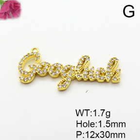 Micro Pave Cubic Zirconia,Brass Links Connectors,Word Good Luck,Plated Gold,12x30mm,Hole:1.5mm,about 1.7g/pc,5 pcs/package,XFL02223avja-L035