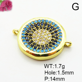 Micro Pave Cubic Zirconia & Turquoise,Brass Links Connectors,Round,Plated Gold,14mm,Hole:1.5mm,about 1.7g/pc,5 pcs/package,XFL02226aajl-L035