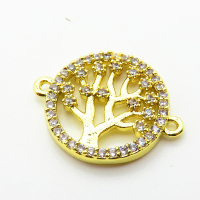 Micro Pave Cubic Zirconia,Brass Links Connectors,Round Tree,Plated Gold,15mm,Hole:1.5mm,about 1.5g/pc,5 pcs/package,XFL02229vail-L035