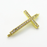 Micro Pave Cubic Zirconia,Brass Links Connectors,Cross,For Easter,Plated Gold,26x16mm,Hole:1.5mm,about 1.7g/pc,5 pcs/package,XFL02232aahn-L035