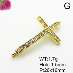 Micro Pave Cubic Zirconia,Brass Links Connectors,Cross,For Easter,Plated Gold,26x16mm,Hole:1.5mm,about 1.7g/pc,5 pcs/package,XFL02232aahn-L035