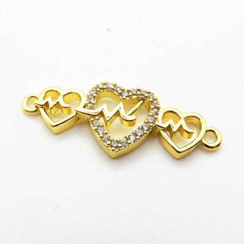 Micro Pave Cubic Zirconia,Brass Links Connectors,Heart,Plated Gold,11x25mm,Hole:1.5mm,about 1.4g/pc,5 pcs/package,XFL02235aahm-L035