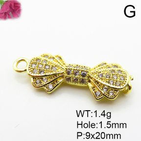 Micro Pave Cubic Zirconia,Brass Links Connectors,Bow Tie,Plated Gold,9x20mm,Hole:1.5mm,about 1.4g/pc,5 pcs/package,XFL02238aaik-L035