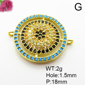 Micro Pave Cubic Zirconia & Turquoise,Brass Links Connectors,Round,Plated Gold,18mm,Hole:1.5mm,about 2g/pc,5 pcs/package,XFL02244bblo-L035