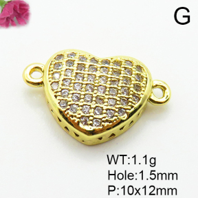 Micro Pave Cubic Zirconia,Brass Links Connectors,Heart,Plated Gold,10x12mm,Hole:1.5mm,about 1.1g/pc,5 pcs/package,XFL02250aaho-L035