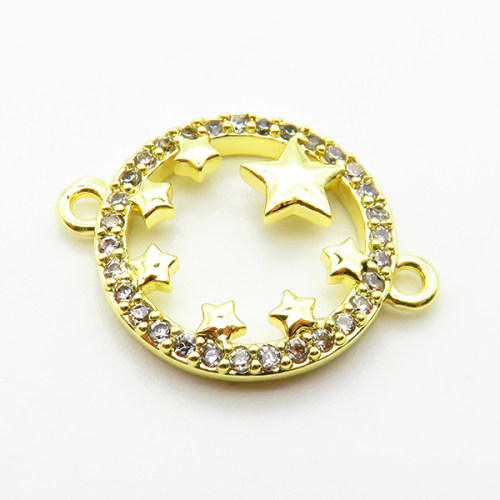 Micro Pave Cubic Zirconia,Brass Links Connectors,Round,Star,Plated Gold,16mm,Hole:1.5mm,about 1.7g/pc,5 pcs/package,XFL02256aahn-L035