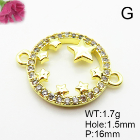 Micro Pave Cubic Zirconia,Brass Links Connectors,Round,Star,Plated Gold,16mm,Hole:1.5mm,about 1.7g/pc,5 pcs/package,XFL02256aahn-L035