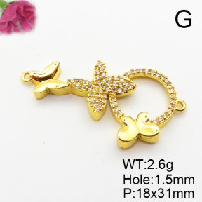 Micro Pave Cubic Zirconia,Brass Links Connectors,Butterfly,Plated Gold,18x31mm,Hole:1.5mm,about 2.6g/pc,5 pcs/package,XFL02271aaji-L035