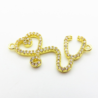 Micro Pave Cubic Zirconia,Brass Links Connectors,Stethoscope,Plated Gold,14x25mm,Hole:1.5mm,about 1.5g/pc,5 pcs/package,XFL02274aaji-L035