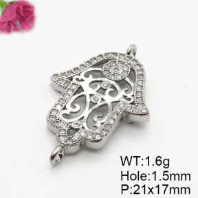 Micro Pave Cubic Zirconia,Brass Links Connectors,Hamsa Hand/Hand of Fatima/Hand of Miriam,Plated Platinum,21x17mm,Hole:1.5mm,about 1.6g/pc,5 pcs/package,XFL02277aaim-L035