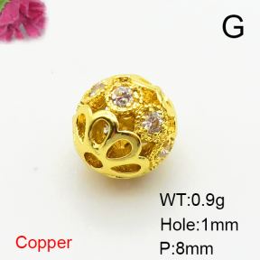 Brass Micro Pave Cubic Zirconia Beads,Hollow Ball,Plated Gold,8mm,Hole:1mm,about 0.9g/pc,5 pcs/package,XFF00686aavo-L035