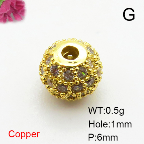 Brass Micro Pave Cubic Zirconia Beads,Ball,Plated Gold,6mm,Hole:1mm,about 0.5g/pc,5 pcs/package,XFF00688aahi-L035