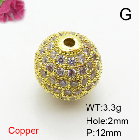 Brass Micro Pave Cubic Zirconia Beads,Ball,Plated Gold,12mm,Hole:2mm,about 3.3g/pc,5 pcs/package,XFF00692aajl-L035