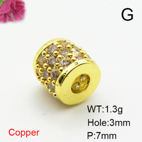Brass Micro Pave Cubic Zirconia Beads,Cylindrical Beads,Plated Gold,7mm,Hole:3mm,about 1.3g/pc,5 pcs/package,XFF00694aaho-L035