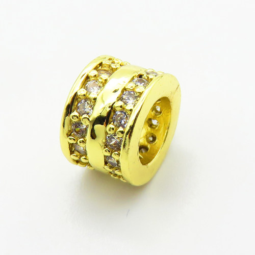 Brass Micro Pave Cubic Zirconia Beads,Cylindrical Beads,Plated Gold,6x9mm,Hole:5mm,about 1.5g/pc,5 pcs/package,XFF00703aahm-L035