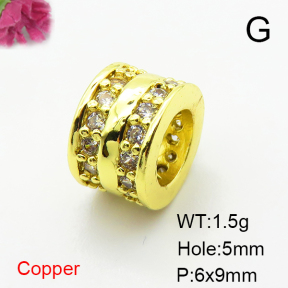 Brass Micro Pave Cubic Zirconia Beads,Cylindrical Beads,Plated Gold,6x9mm,Hole:5mm,about 1.5g/pc,5 pcs/package,XFF00703aahm-L035