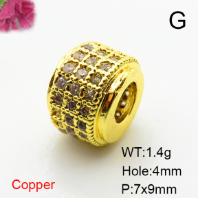Brass Micro Pave Cubic Zirconia Beads,Cylindrical Beads,Plated Gold,7x9mm,Hole:4mm,about 1.4g/pc,5 pcs/package,XFF00709aahm-L035