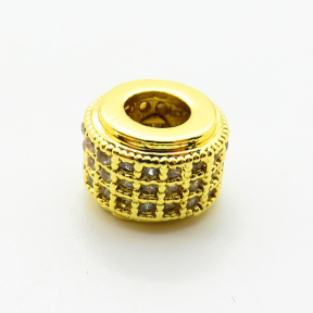 Brass Micro Pave Cubic Zirconia Beads,Cylindrical Beads,Plated Gold,7x9mm,Hole:4mm,about 1.4g/pc,5 pcs/package,XFF00709aahm-L035