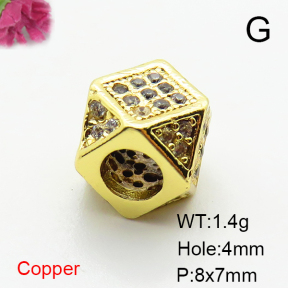 Brass Micro Pave Cubic Zirconia Beads,Quadrangular Prism Beads,Plated Gold,8x7mm,Hole:4mm,about 1.4g/pc,5 pcs/package,XFF00712vaia-L035