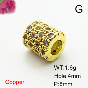Brass Micro Pave Cubic Zirconia Beads,Cylindrical Beads,Plated Gold,8mm,Hole:4mm,about 1.6g/pc,5 pcs/package,XFF00715vaia-L035