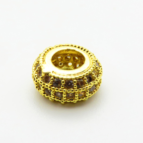 Brass Micro Pave Cubic Zirconia Beads,Round Flat Beads,Plated Gold,4x8mm,Hole:4mm,about 0.8g/pc,5 pcs/package,XFF00720aahp-L035