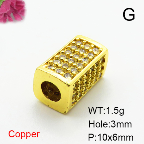 Brass Micro Pave Cubic Zirconia Beads,Rectangular Column Beads,Plated Gold,10x6mm,Hole:3mm,about 1.5g/pc,5 pcs/package,XFF00723vaii-L035