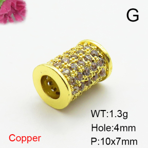 Brass Micro Pave Cubic Zirconia Beads,Cylindrical Beads,Plated Gold,10x7mm,Hole:4mm,about 1.3g/pc,5 pcs/package,XFF00726aaij-L035