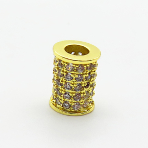 Brass Micro Pave Cubic Zirconia Beads,Cylindrical Beads,Plated Gold,10x7mm,Hole:4mm,about 1.3g/pc,5 pcs/package,XFF00726aaij-L035